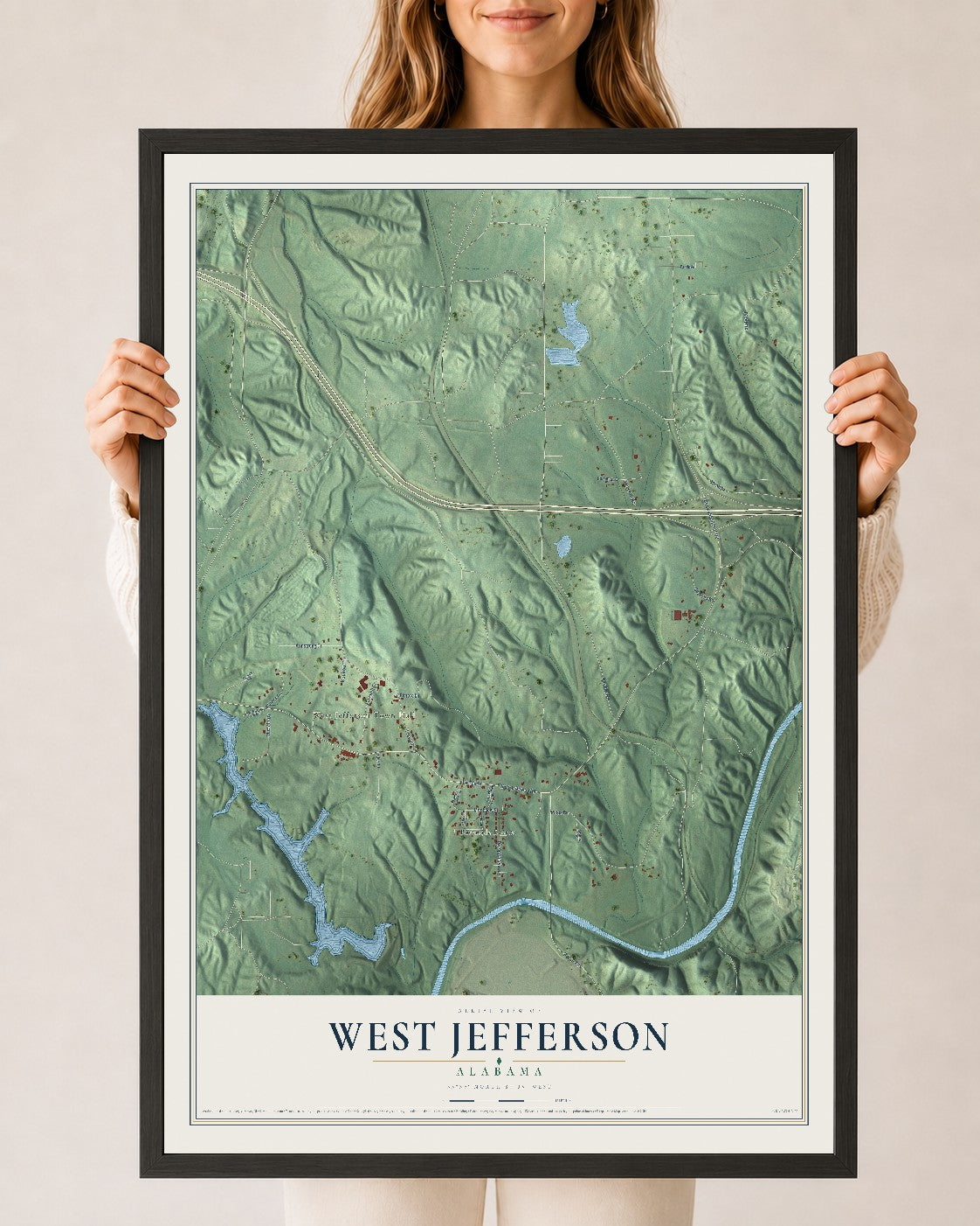 Map of West Jefferson, Alabama, 24 x 36 inch print in a black wood frame