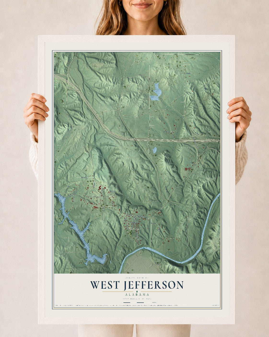 Map of West Jefferson, Alabama, 24 x 36 inch print in a white wood frame