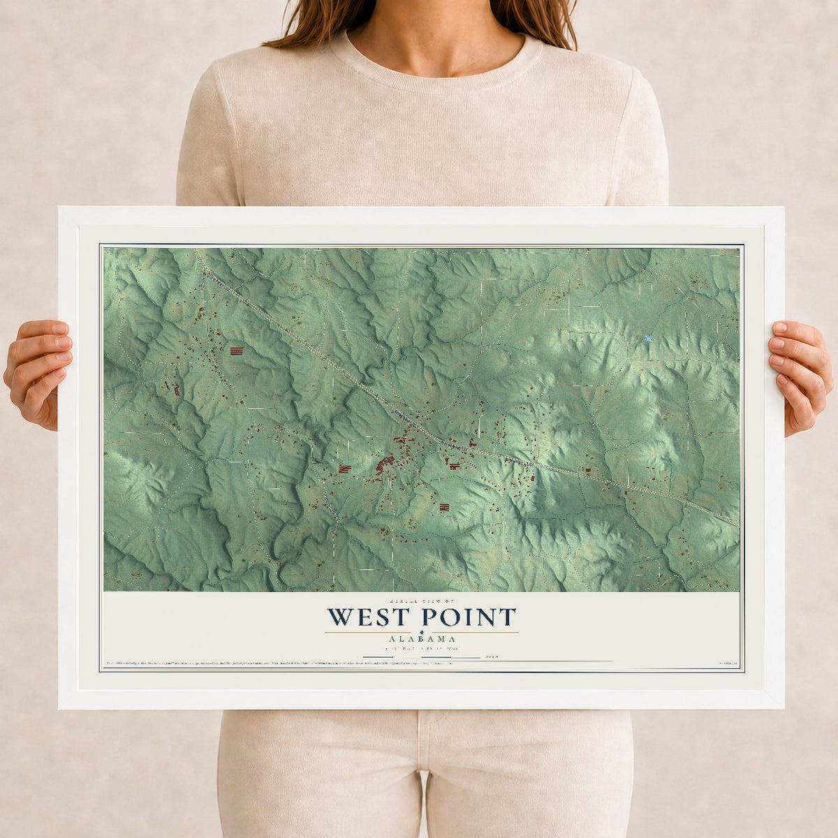 Map of West Point, Alabama, 12 x 18 inch print in a white wood frame