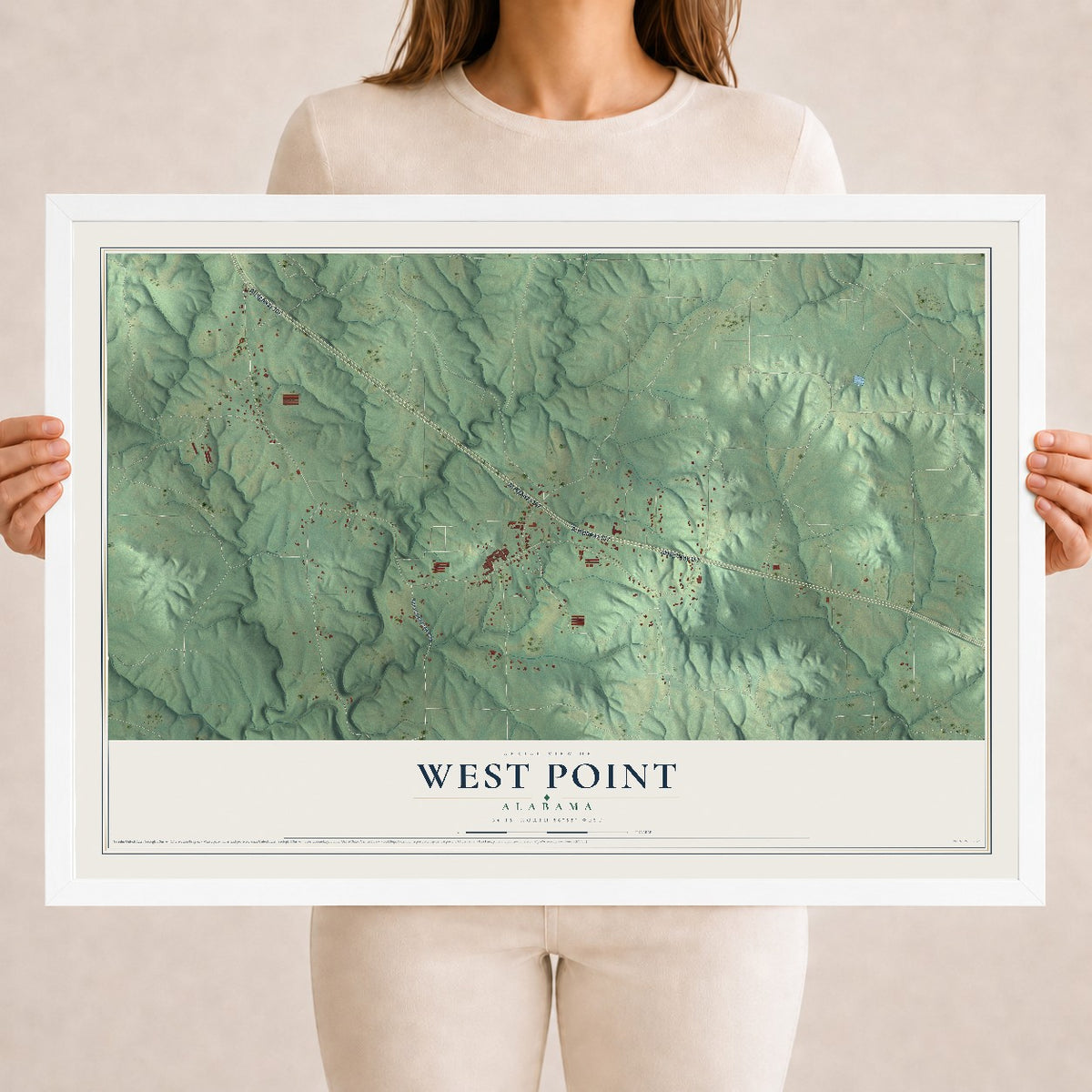 Map of West Point, Alabama, 18 x 24 inch print in a white wood frame