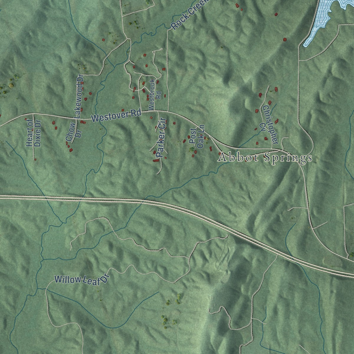 Second close-up of the map of Westover, Alabama print showing more streets and buildings