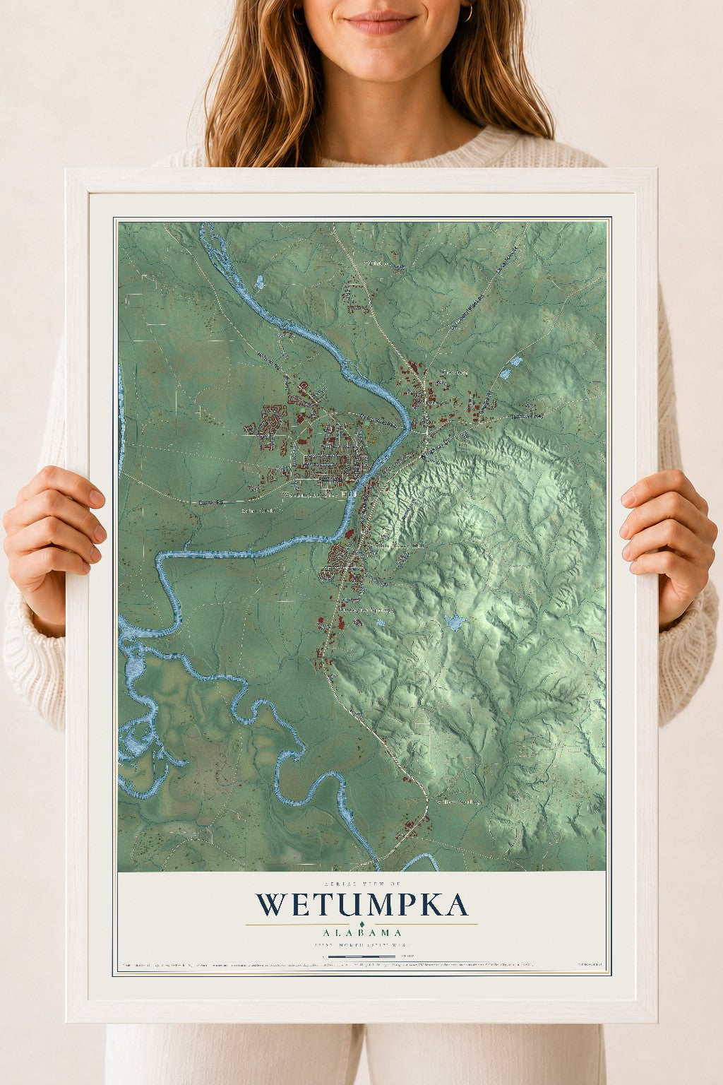 Map of Wetumpka, Alabama, 18 x 24 inch print in a white wood frame
