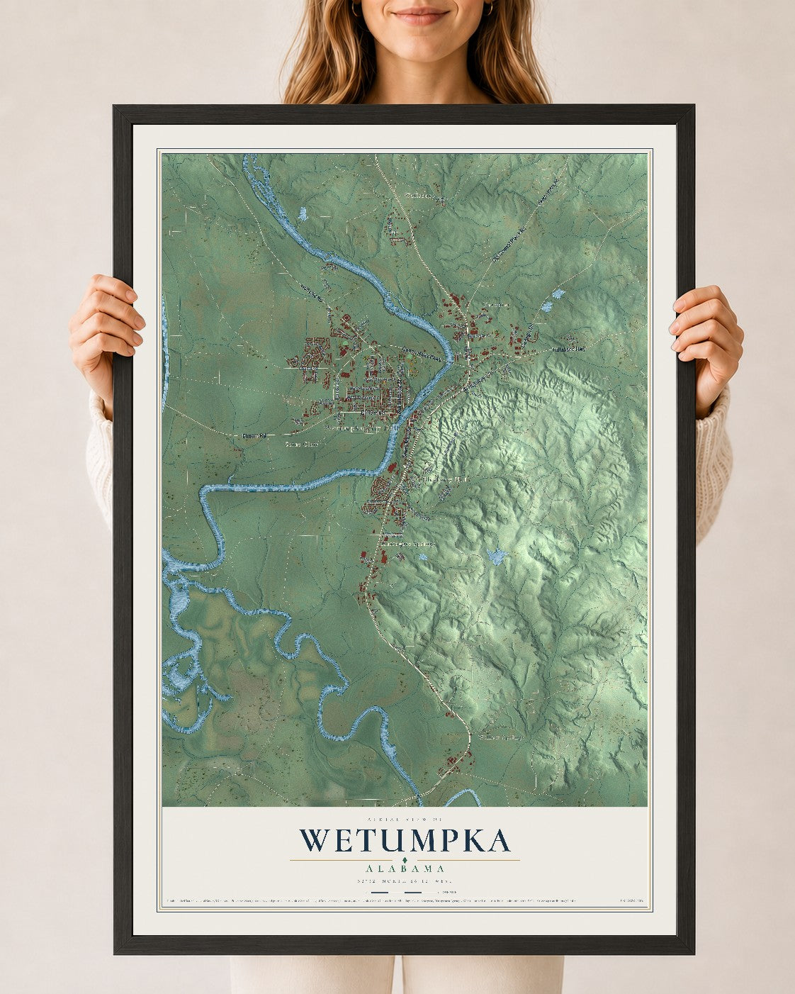 Map of Wetumpka, Alabama, 24 x 36 inch print in a black wood frame