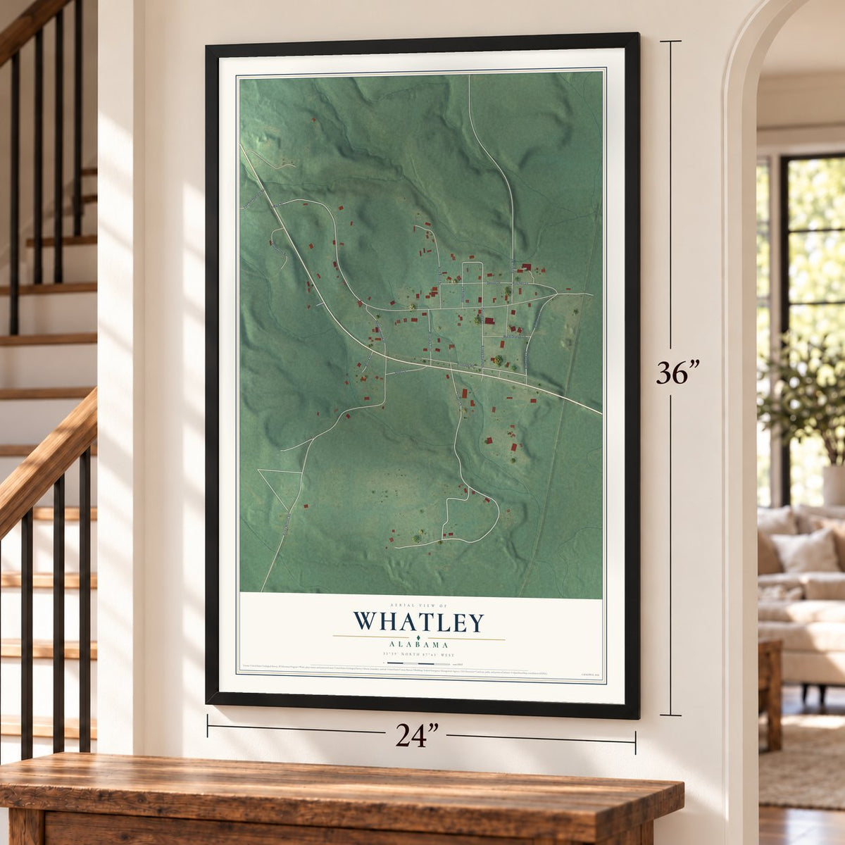 Whatley, Alabama map, 24 x 36 inch print in a black frame by a staircase