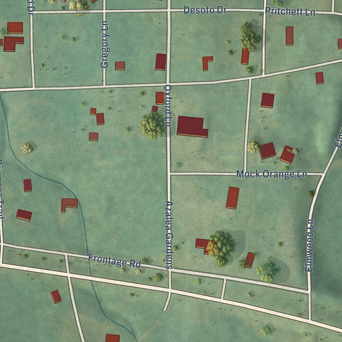 Close-up of the map of Whatley, Alabama print showing street and building detail