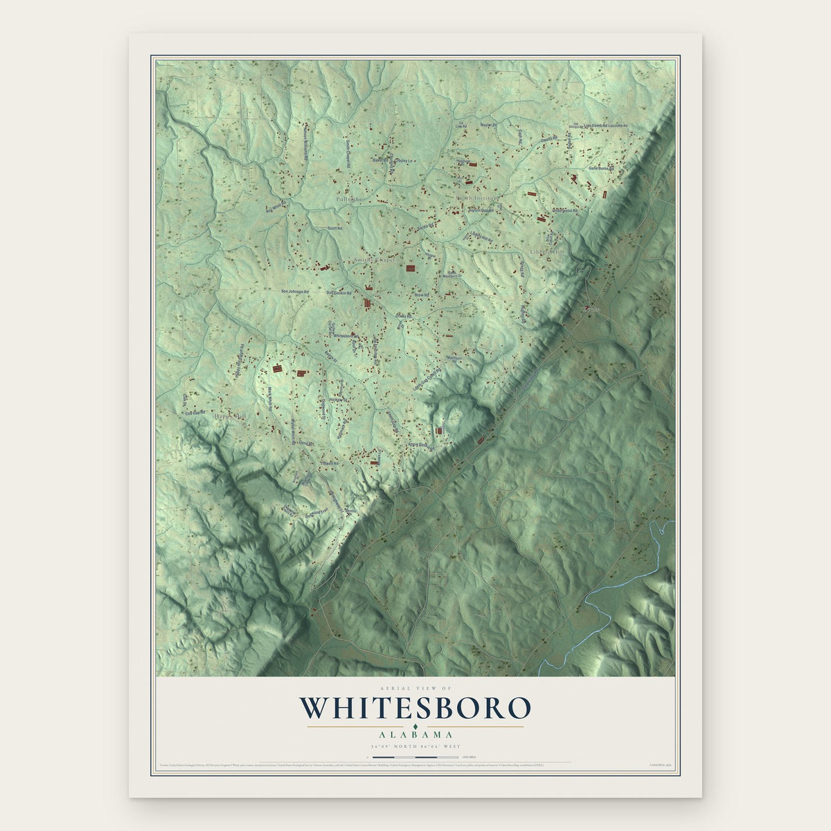 Whitesboro, Alabama map print, the full design