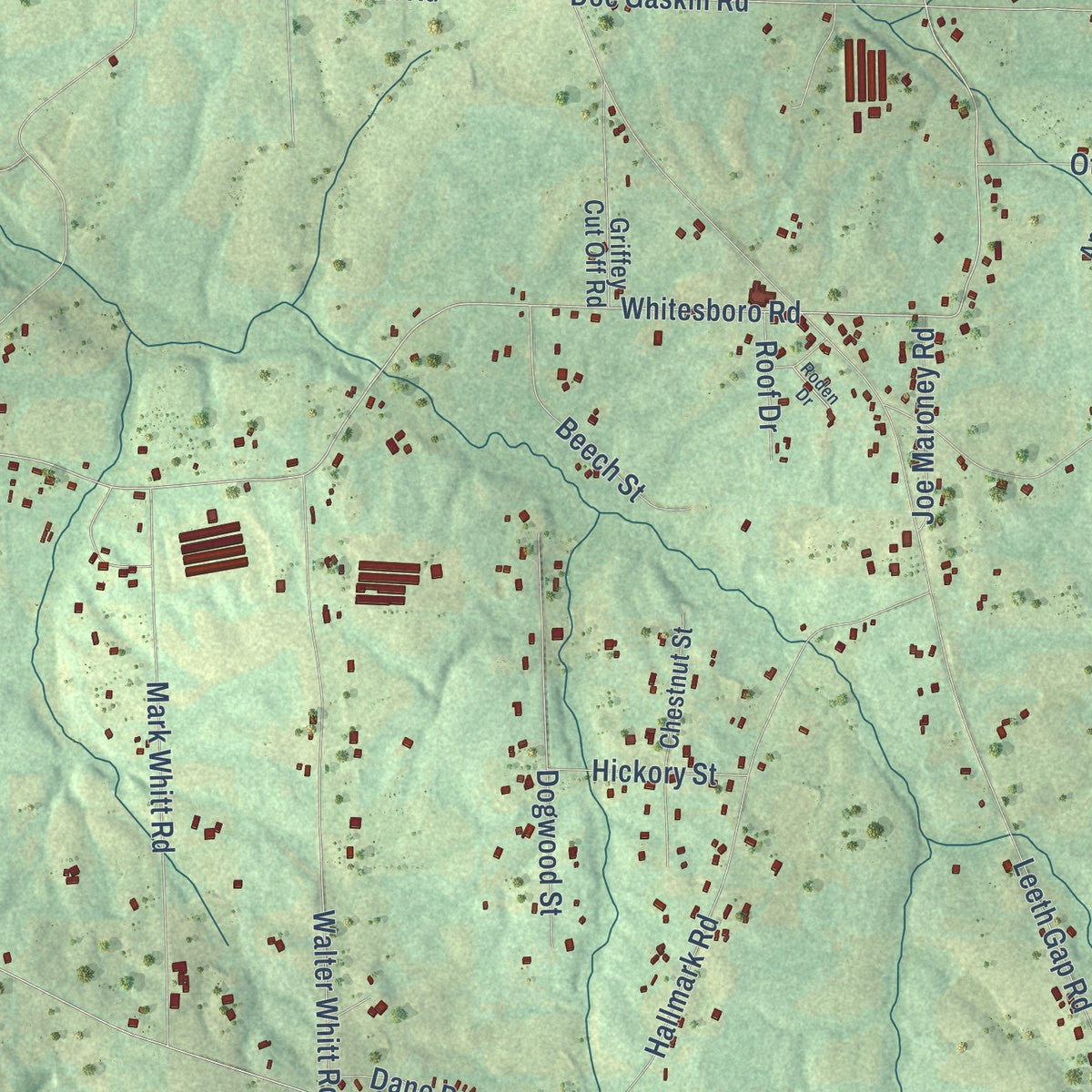 Close-up of the map of Whitesboro, Alabama print showing street and building detail