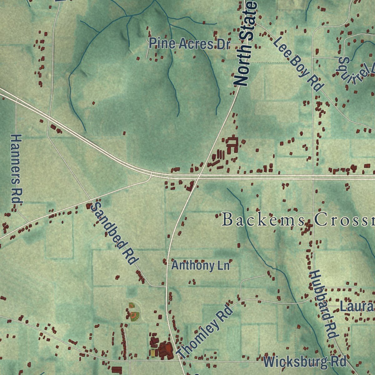 Close-up of the map of Wicksburg, Alabama print showing street and building detail