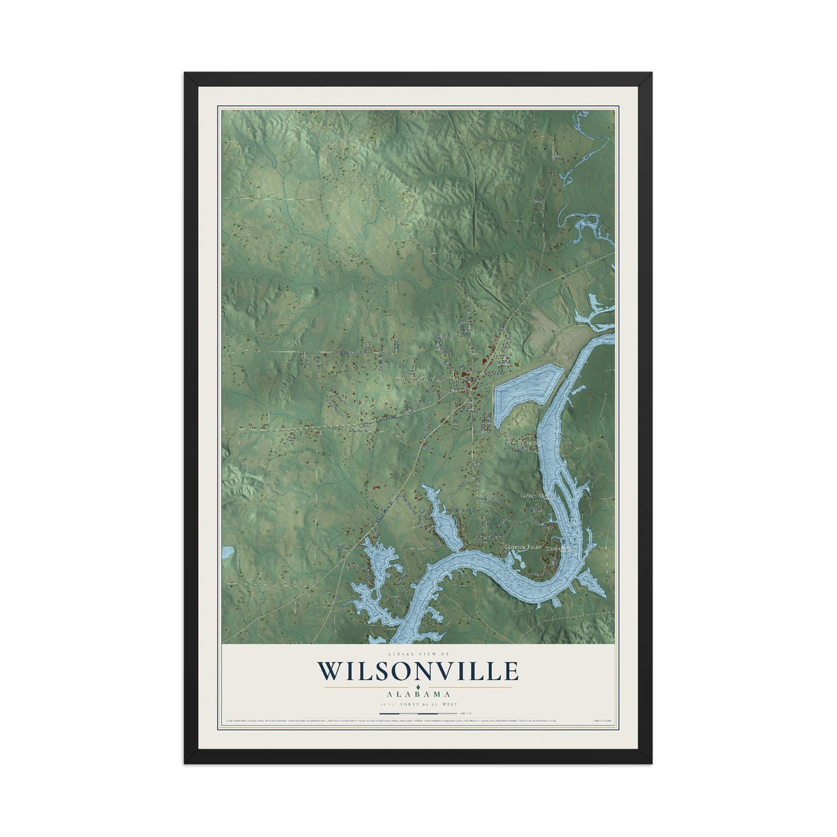 Map of Wilsonville, Alabama, 12 x 18 inch print in a black wood frame