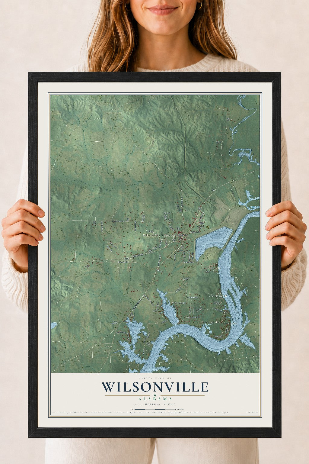 Map of Wilsonville, Alabama, 18 x 24 inch print in a black wood frame