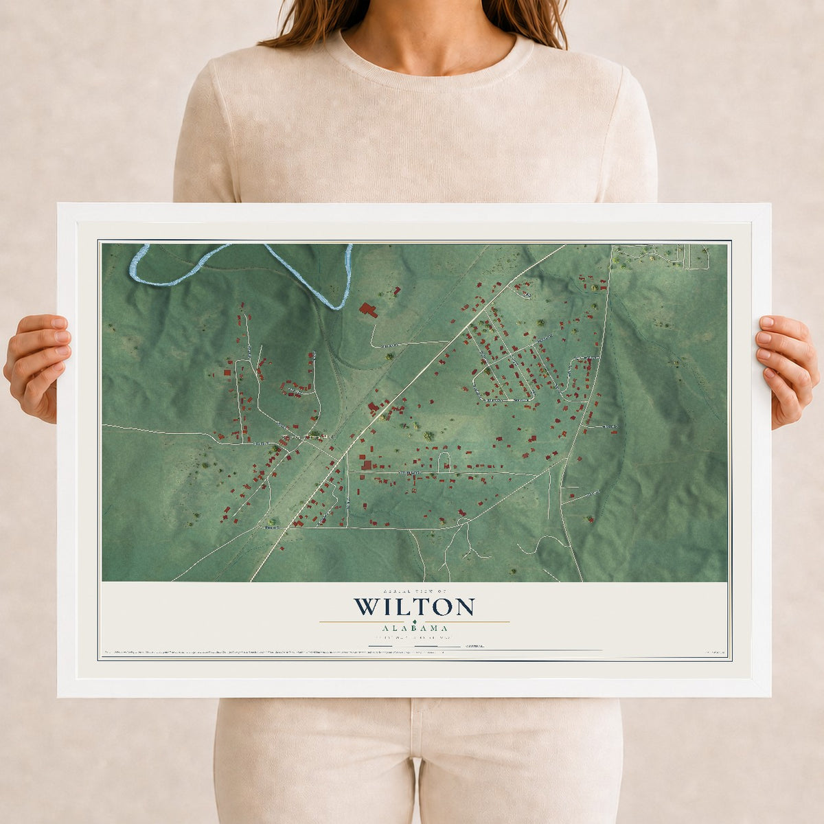 Map of Wilton, Alabama, 12 x 18 inch print in a white wood frame