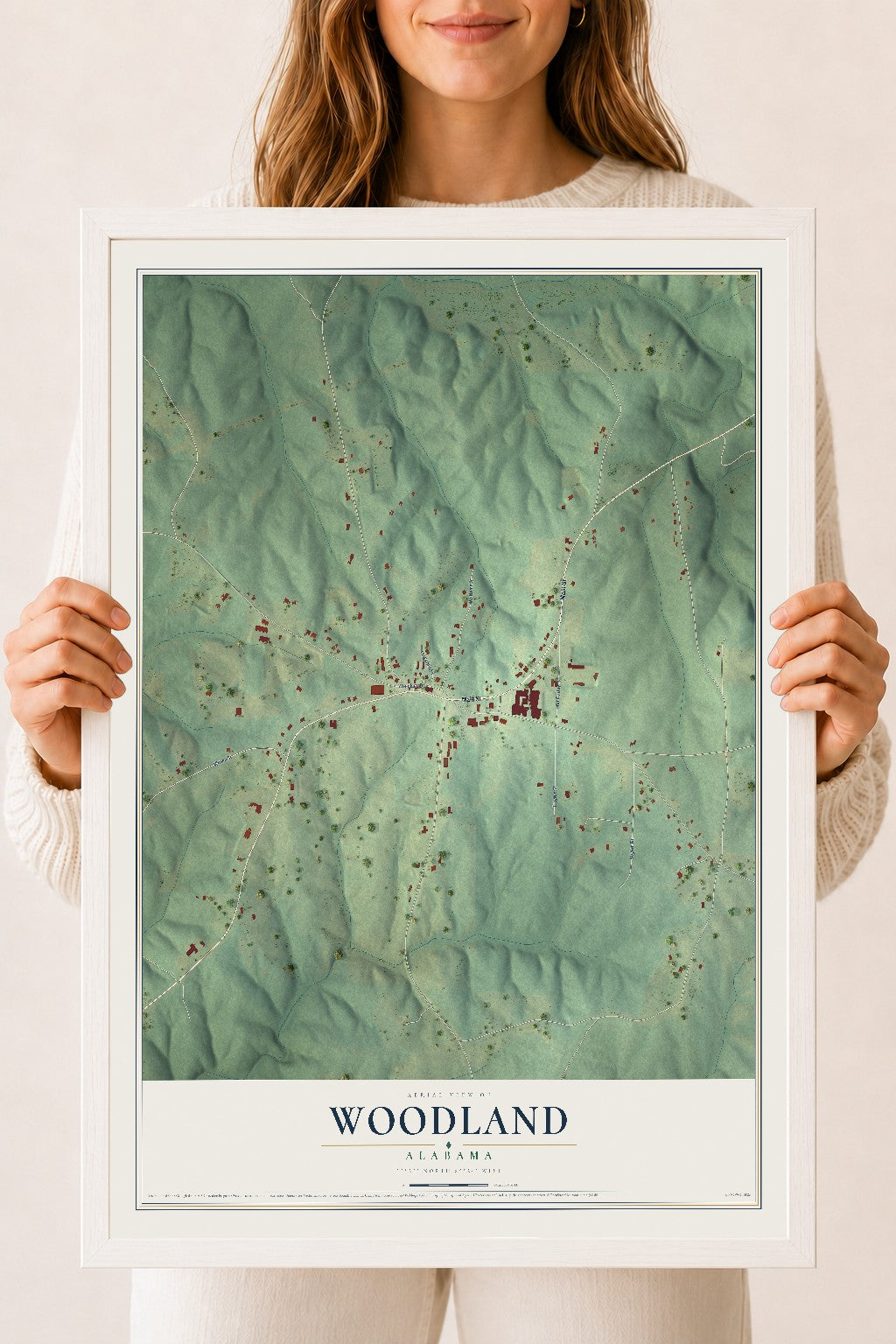 Map of Woodland, Alabama, 18 x 24 inch print in a white wood frame