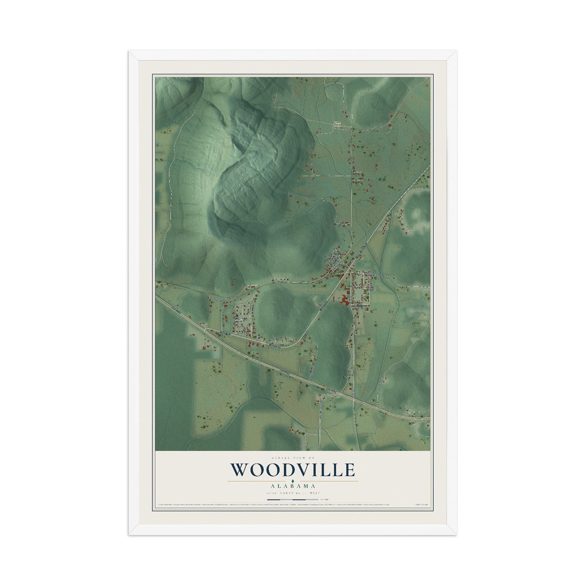 Map of Woodville, Alabama, 12 x 18 inch print in a white wood frame