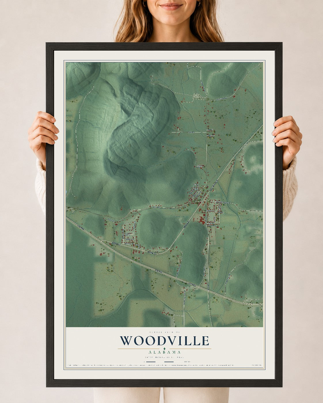 Map of Woodville, Alabama, 24 x 36 inch print in a black wood frame
