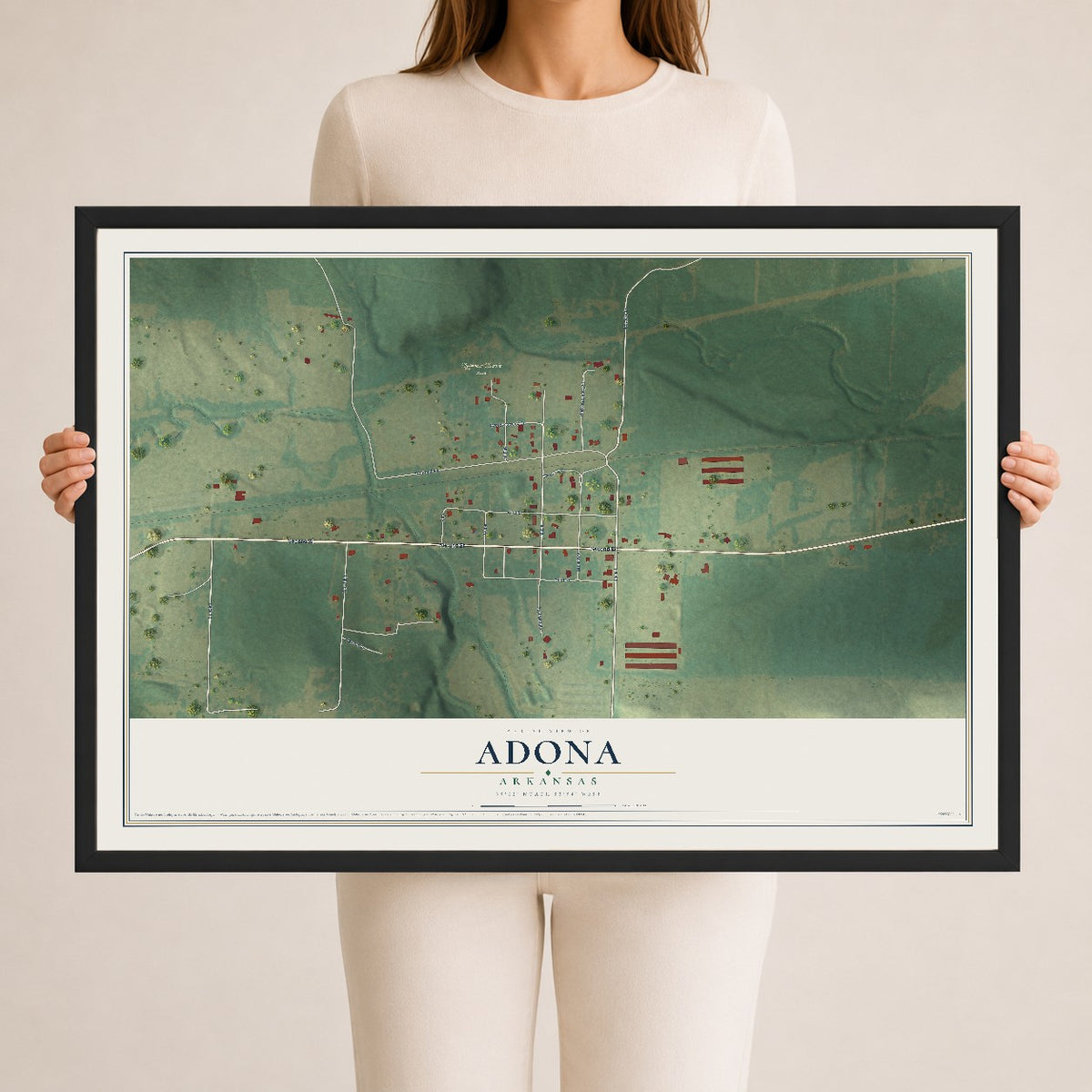 Map of Adona, Arkansas, 24 x 36 inch print in a black wood frame