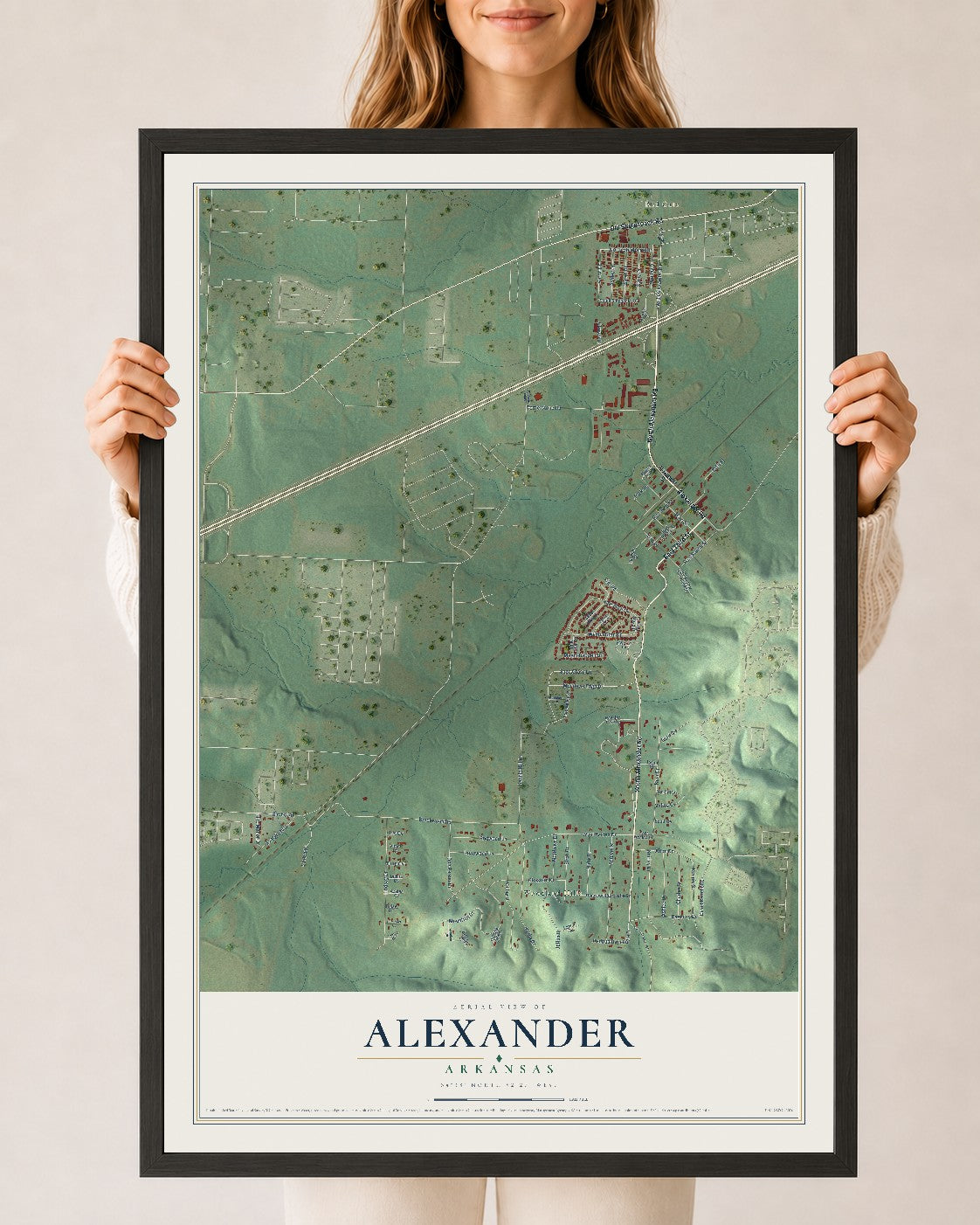 Map of Alexander, Arkansas, 24 x 36 inch print in a black wood frame