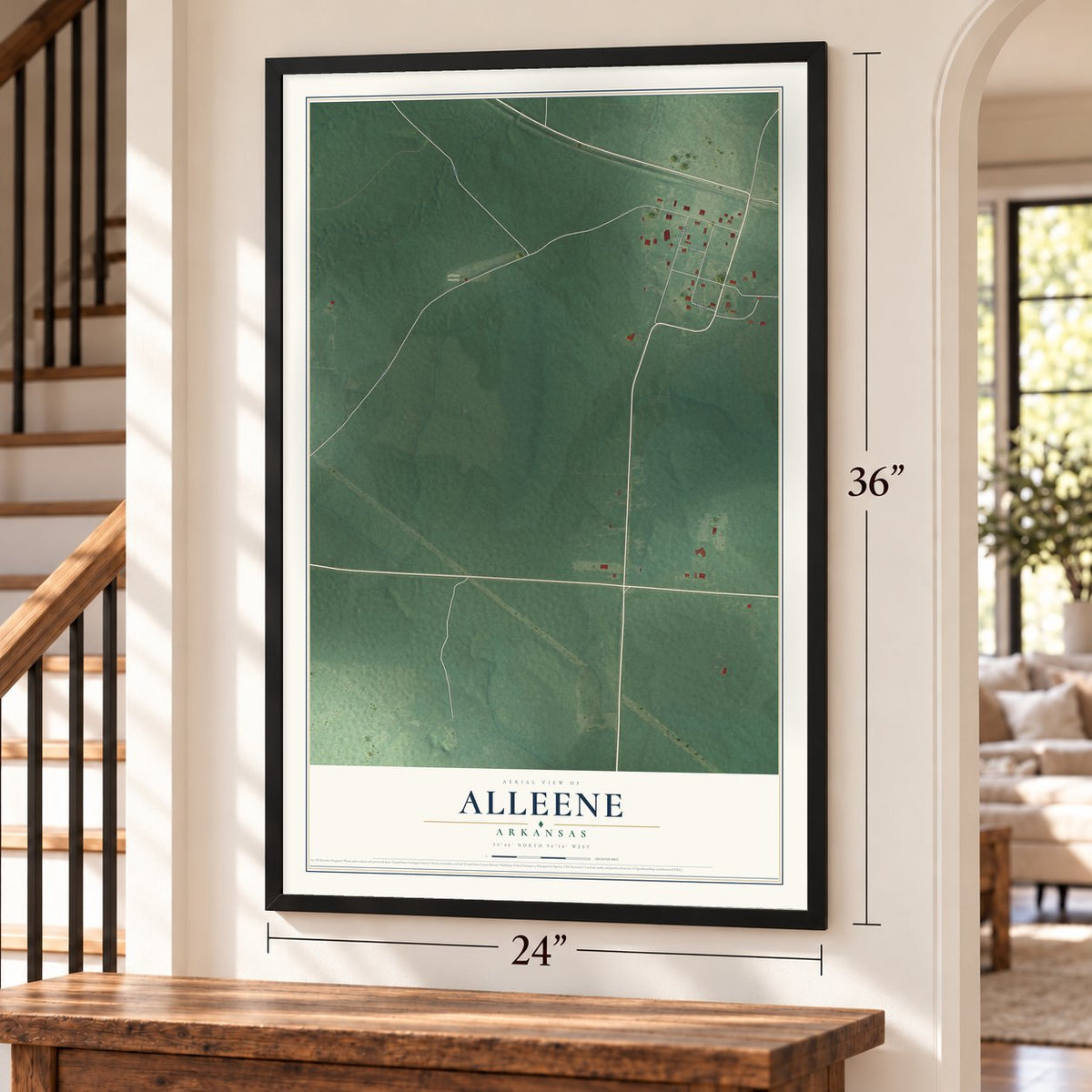 Alleene, Arkansas map, 24 x 36 inch print in a black frame by a staircase