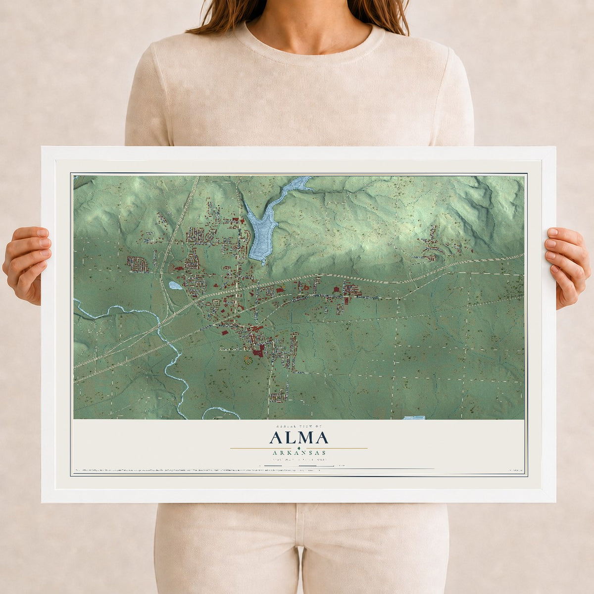 Map of Alma, Arkansas, 12 x 18 inch print in a white wood frame