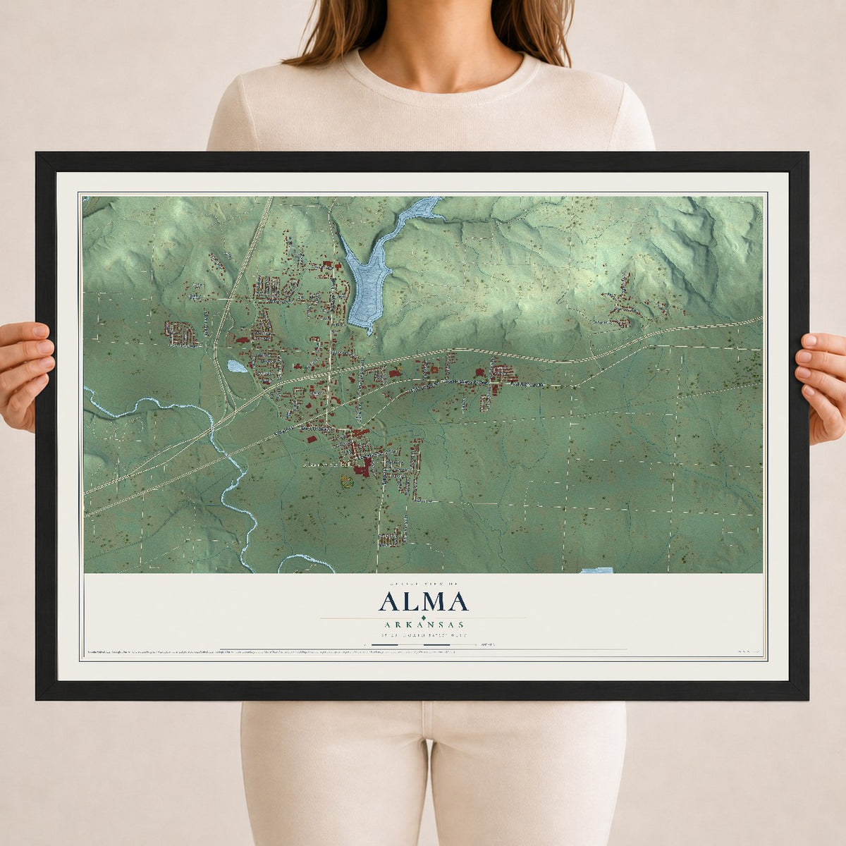 Map of Alma, Arkansas, 18 x 24 inch print in a black wood frame