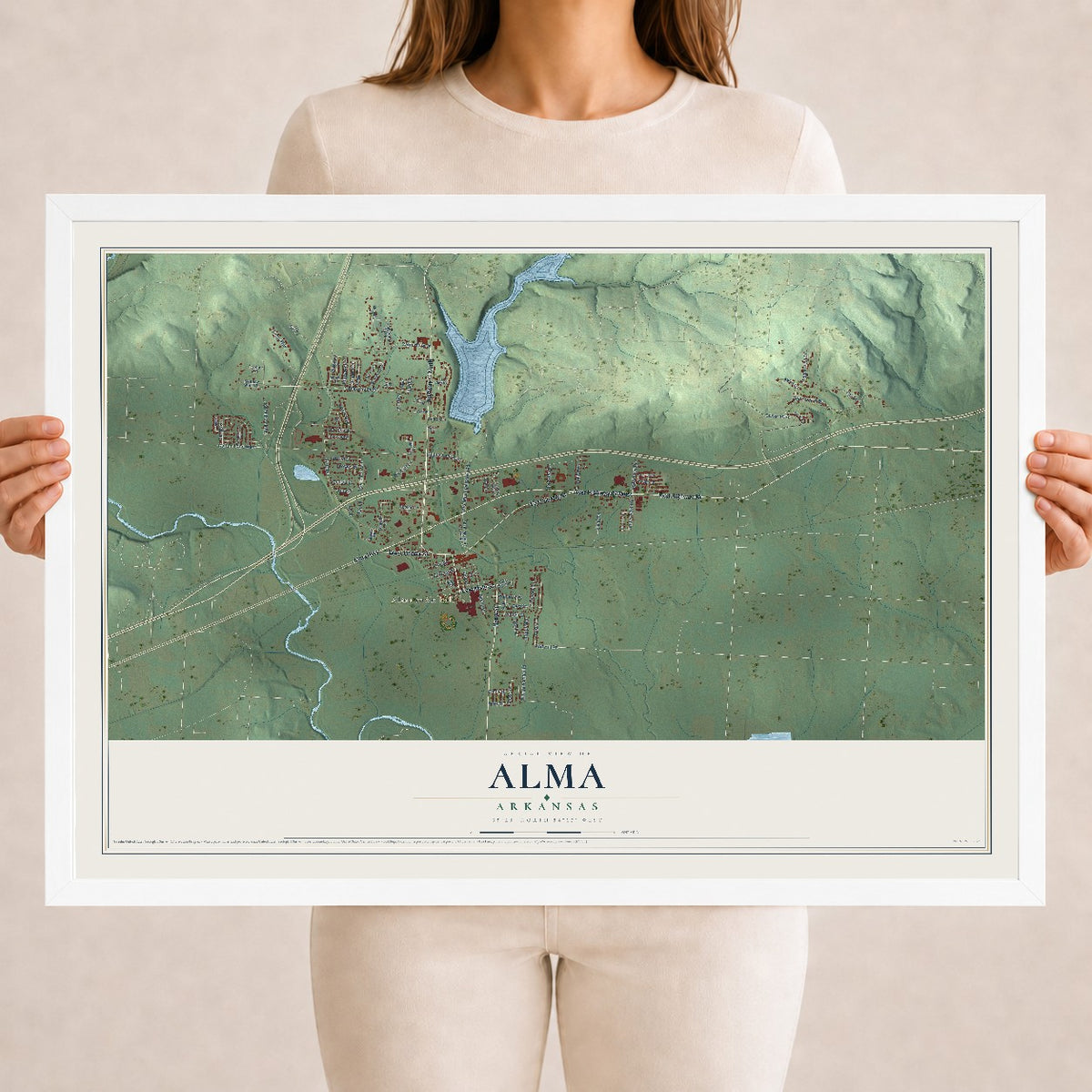 Map of Alma, Arkansas, 18 x 24 inch print in a white wood frame