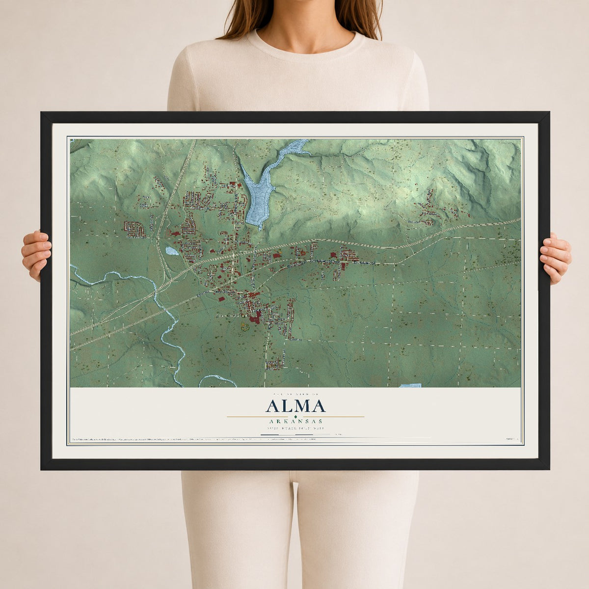 Map of Alma, Arkansas, 24 x 36 inch print in a black wood frame