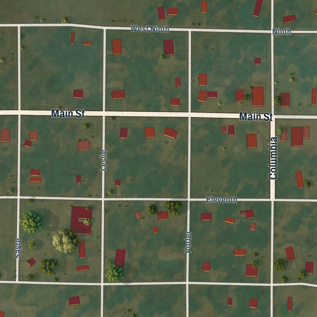 Close-up of the map of Almyra, Arkansas print showing street and building detail