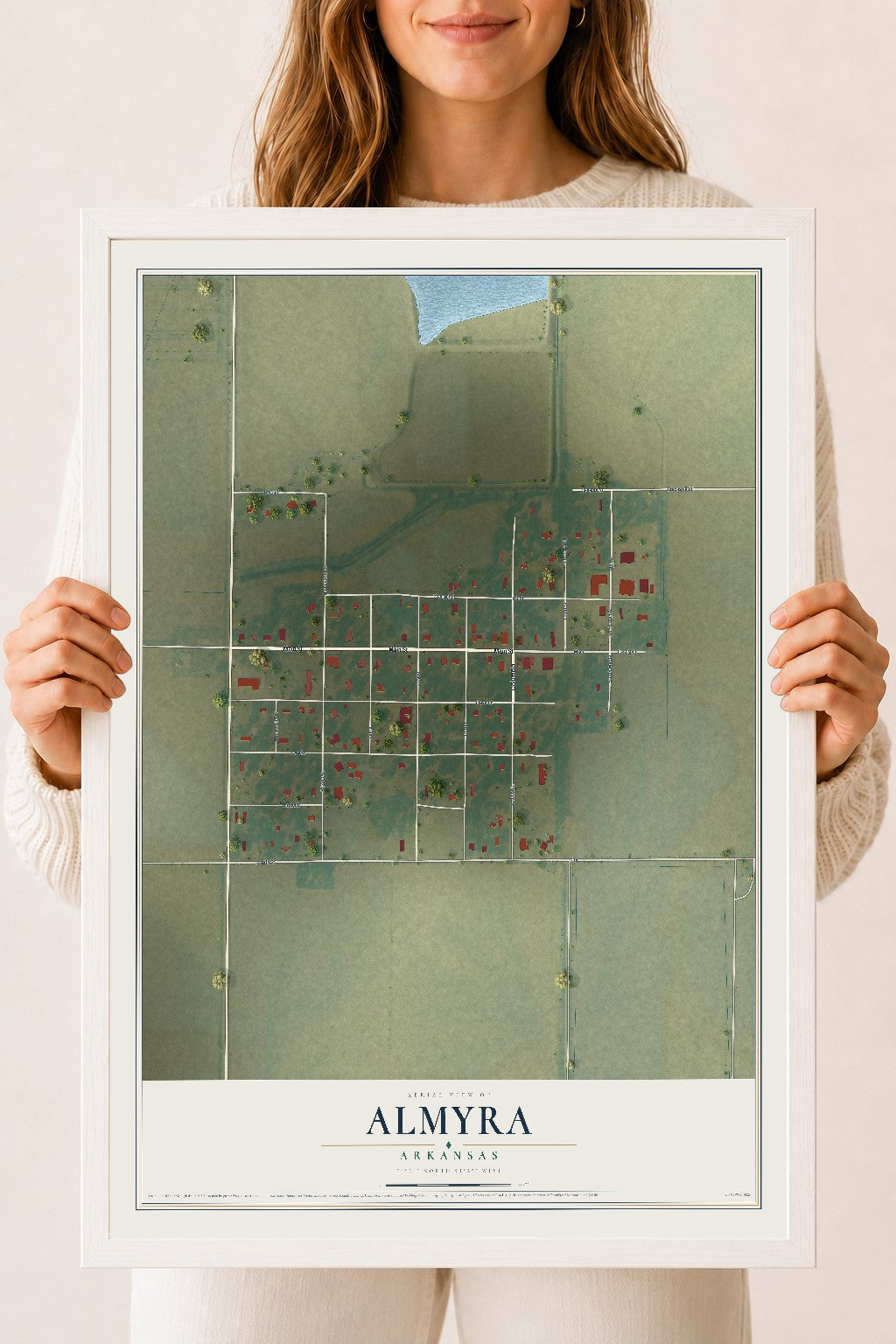 Map of Almyra, Arkansas, 18 x 24 inch print in a white wood frame