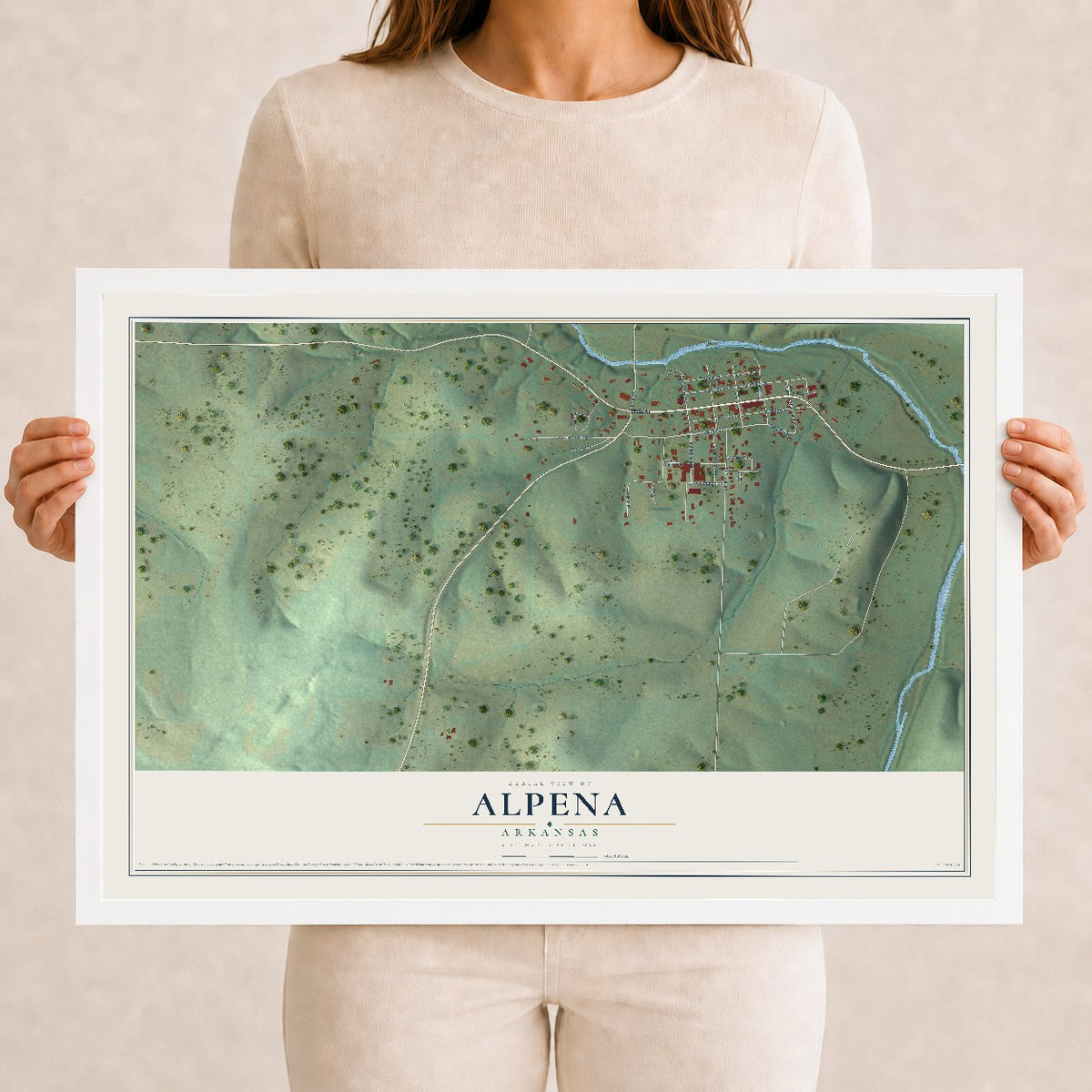 Map of Alpena, Arkansas, 12 x 18 inch print in a white wood frame