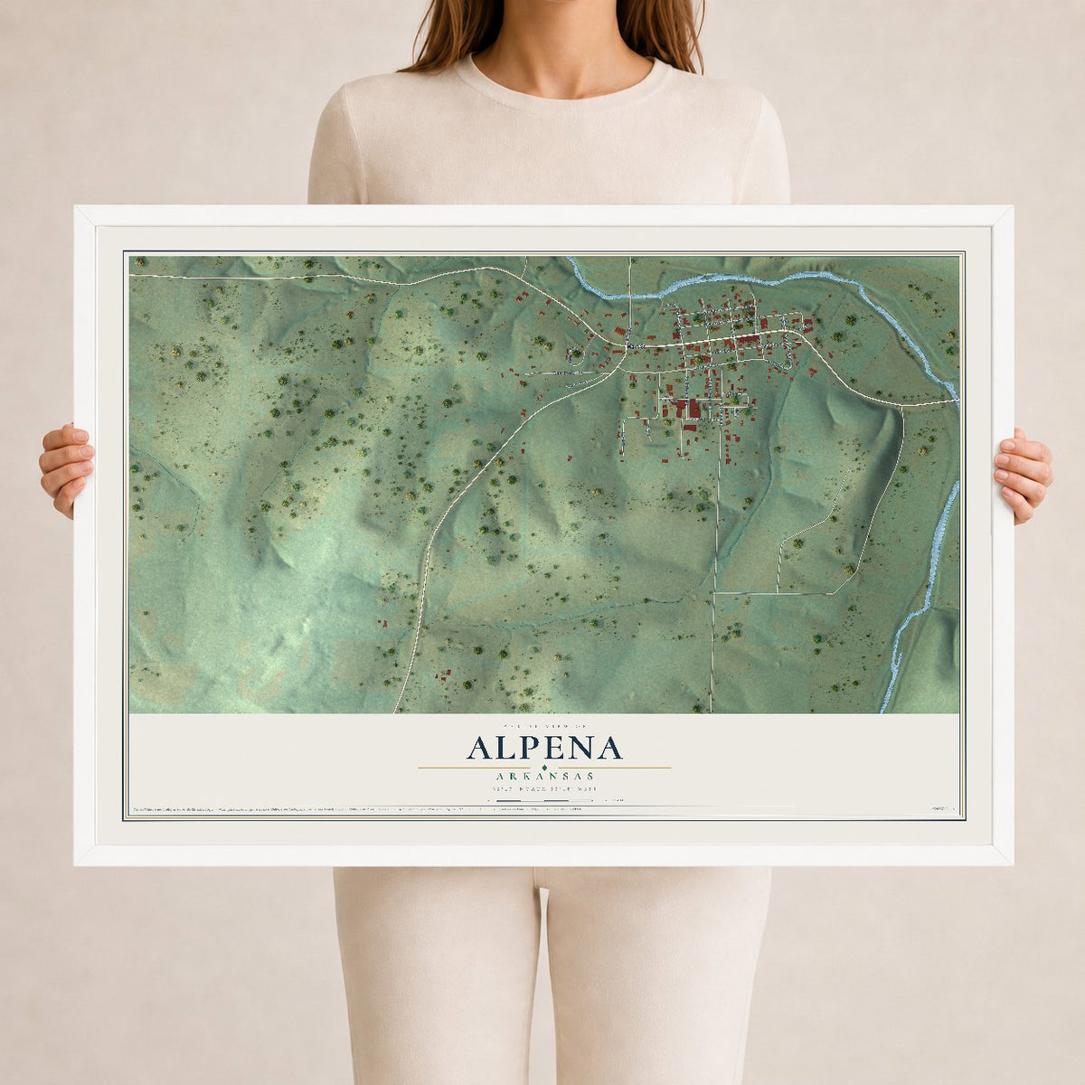 Map of Alpena, Arkansas, 24 x 36 inch print in a white wood frame