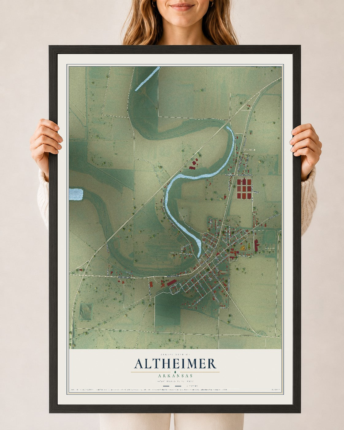 Map of Altheimer, Arkansas, 24 x 36 inch print in a black wood frame