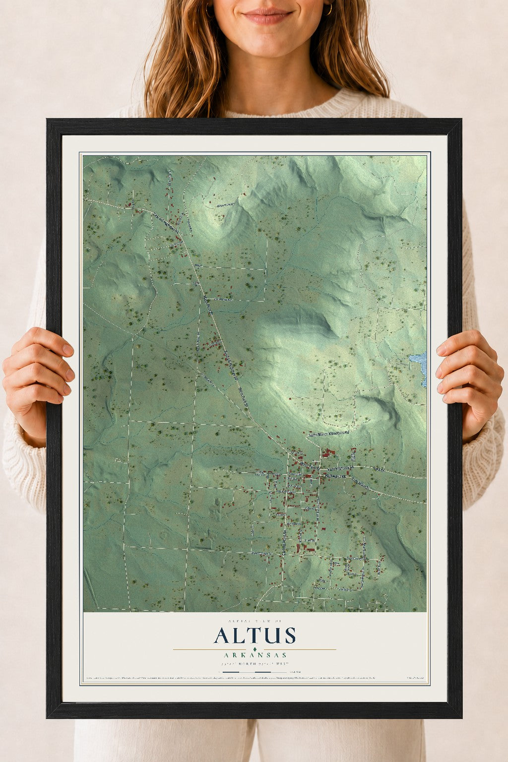 Map of Altus, Arkansas, 18 x 24 inch print in a black wood frame