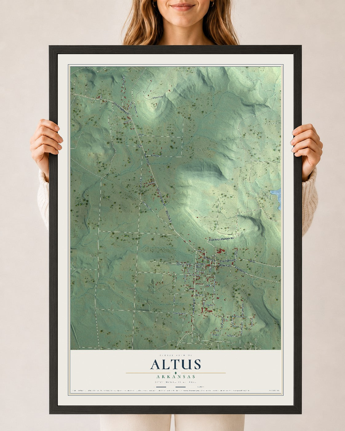 Map of Altus, Arkansas, 24 x 36 inch print in a black wood frame