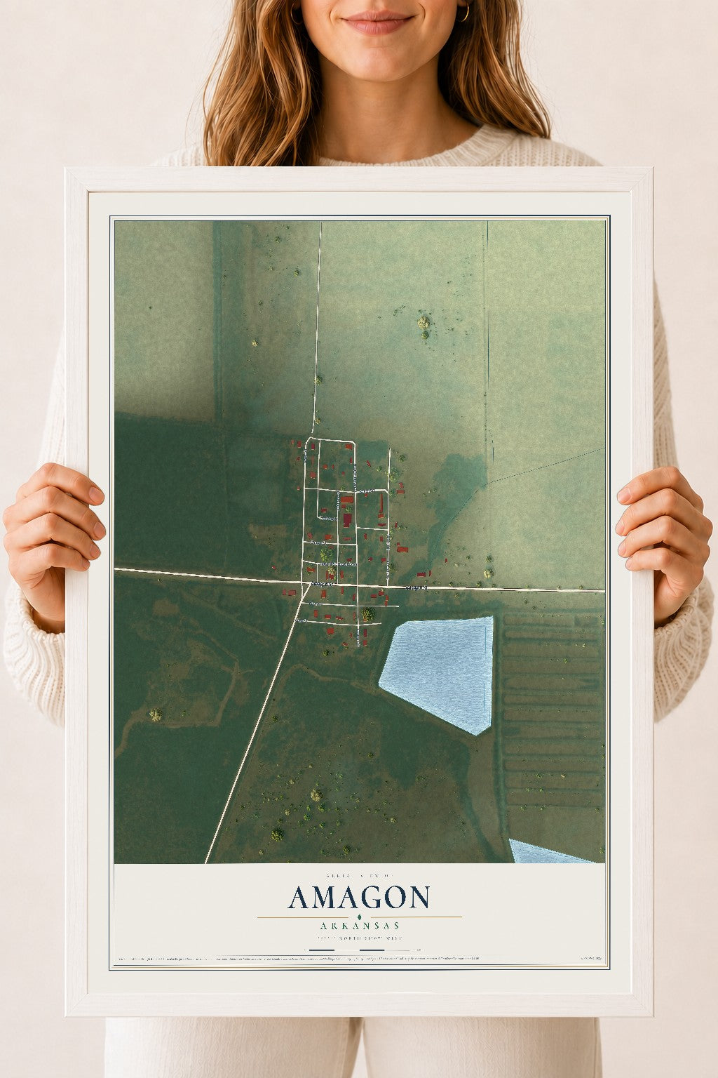 Map of Amagon, Arkansas, 18 x 24 inch print in a white wood frame