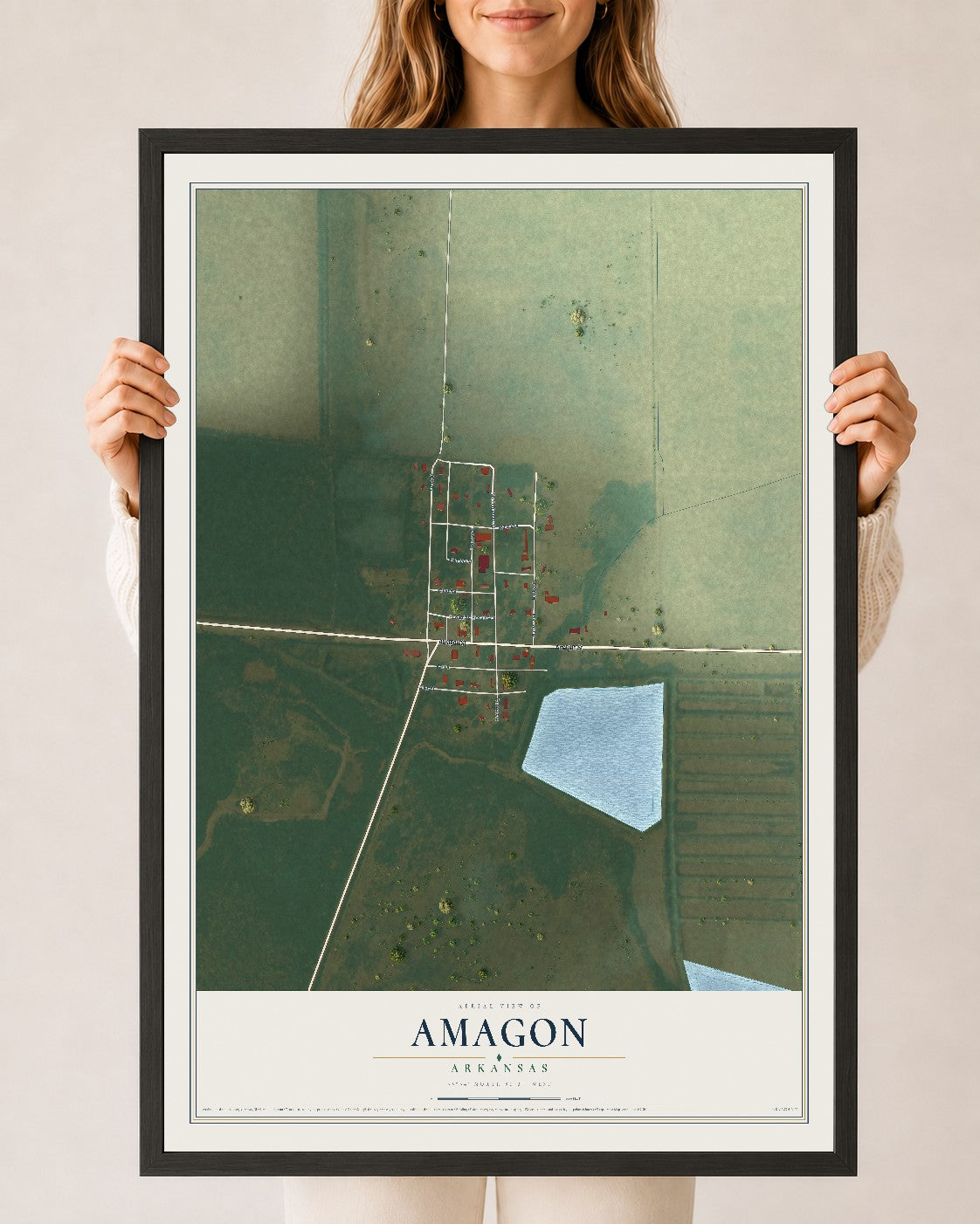 Map of Amagon, Arkansas, 24 x 36 inch print in a black wood frame