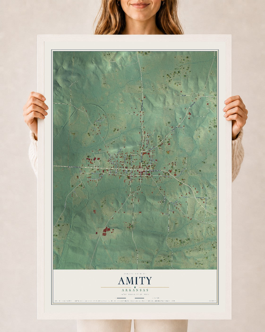 Map of Amity, Arkansas, 24 x 36 inch print in a white wood frame