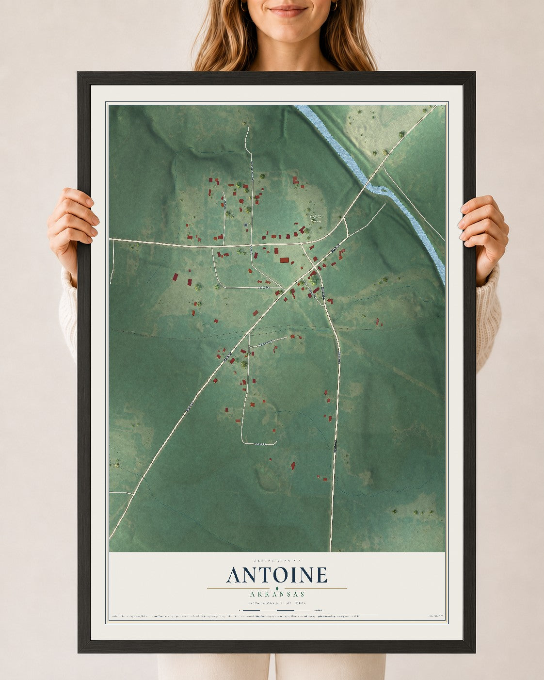 Map of Antoine, Arkansas, 24 x 36 inch print in a black wood frame