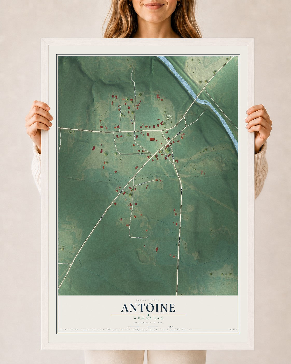 Map of Antoine, Arkansas, 24 x 36 inch print in a white wood frame