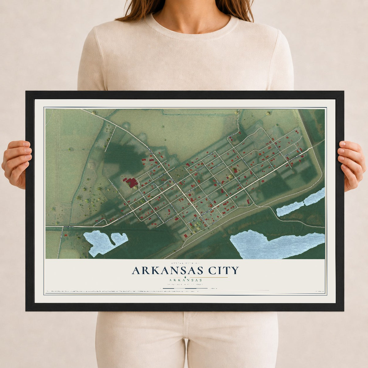 Map of Arkansas City, Arkansas, 12 x 18 inch print in a black wood frame