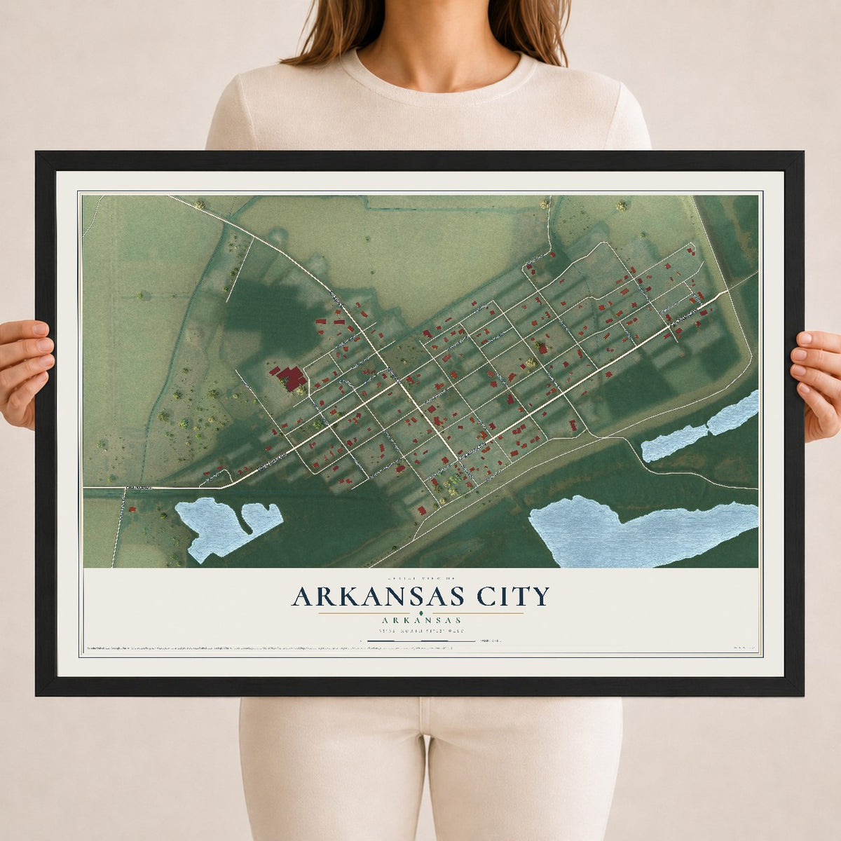 Map of Arkansas City, Arkansas, 18 x 24 inch print in a black wood frame