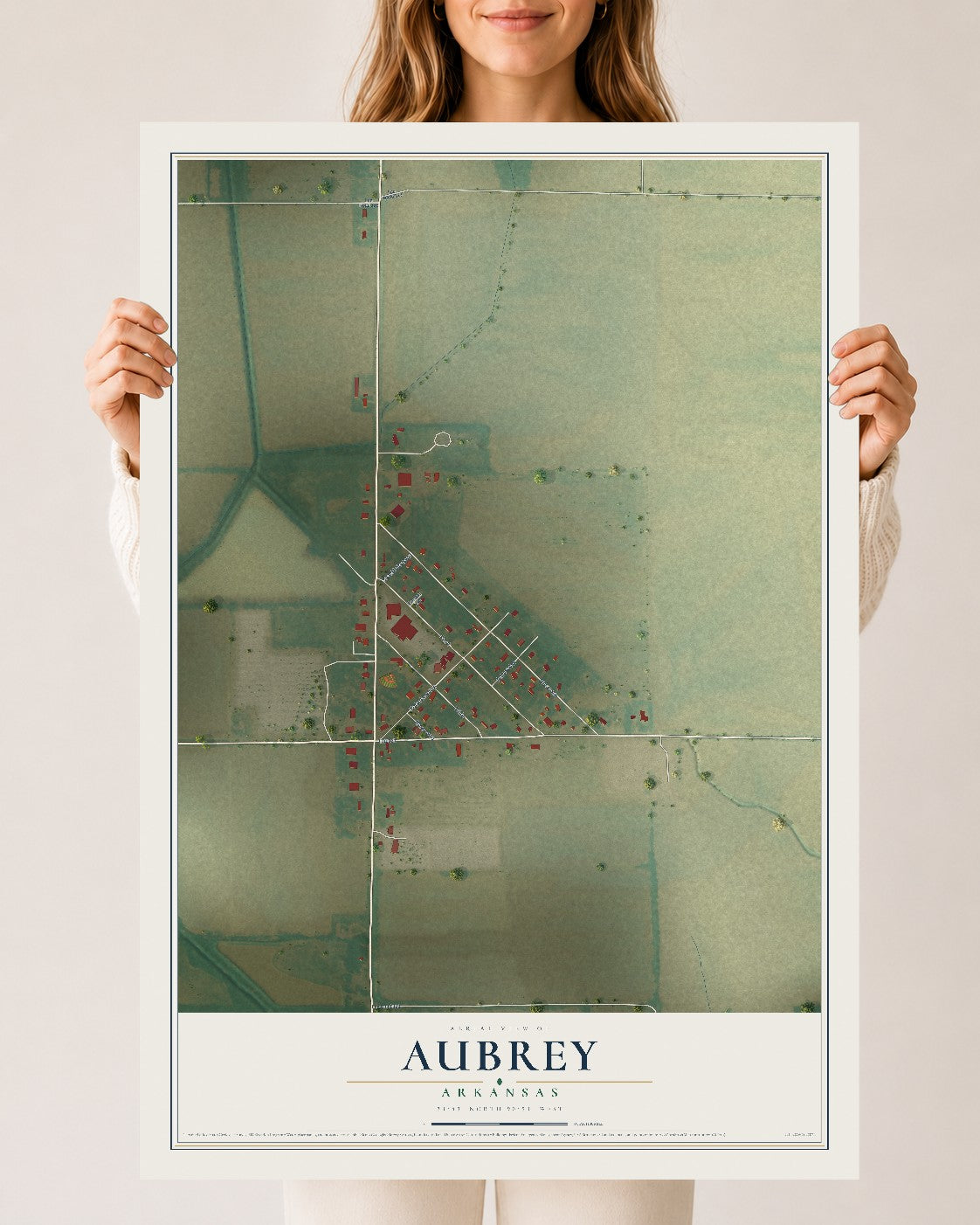 Map of Aubrey, Arkansas, 24 x 36 inch unframed archival matte print