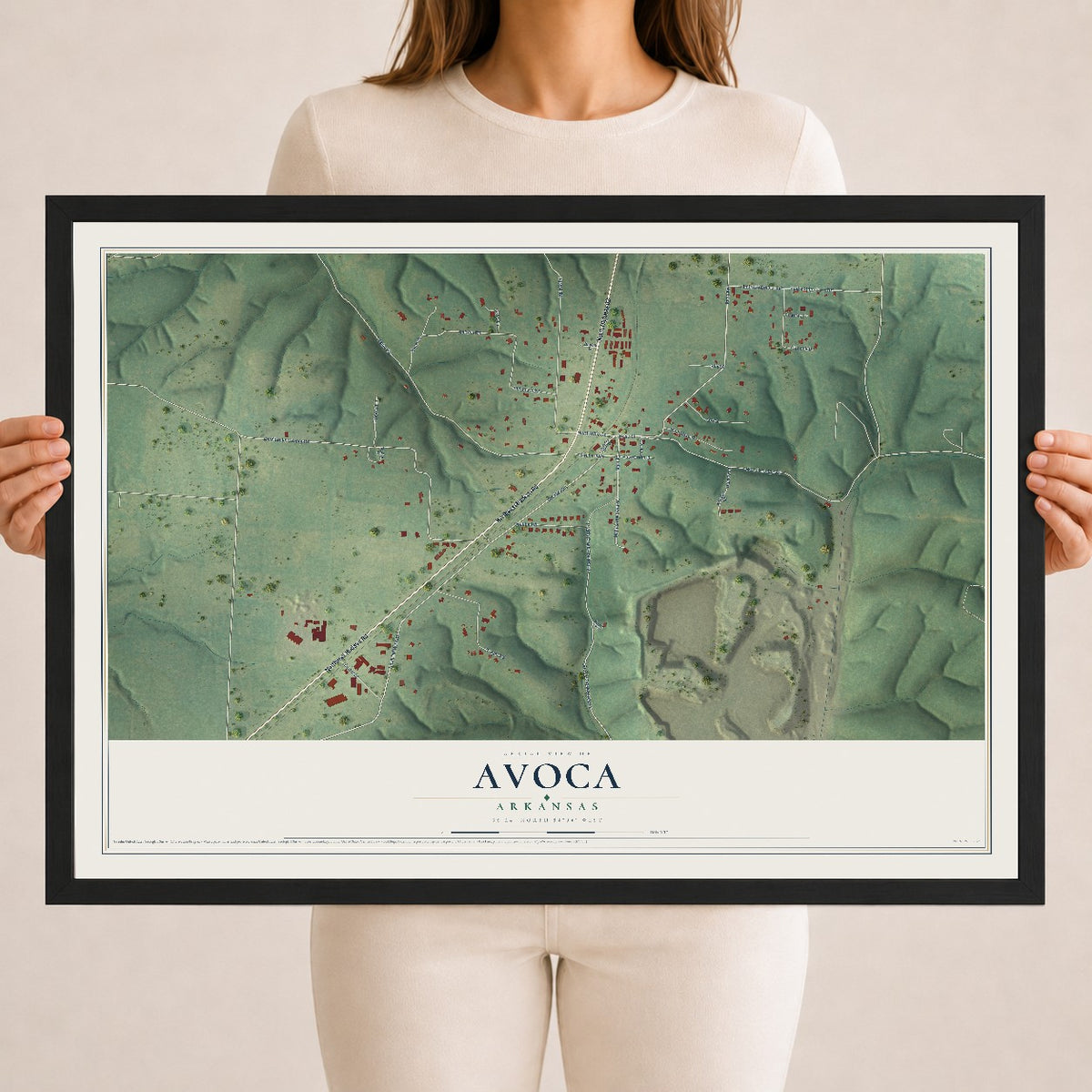 Map of Avoca, Arkansas, 18 x 24 inch print in a black wood frame