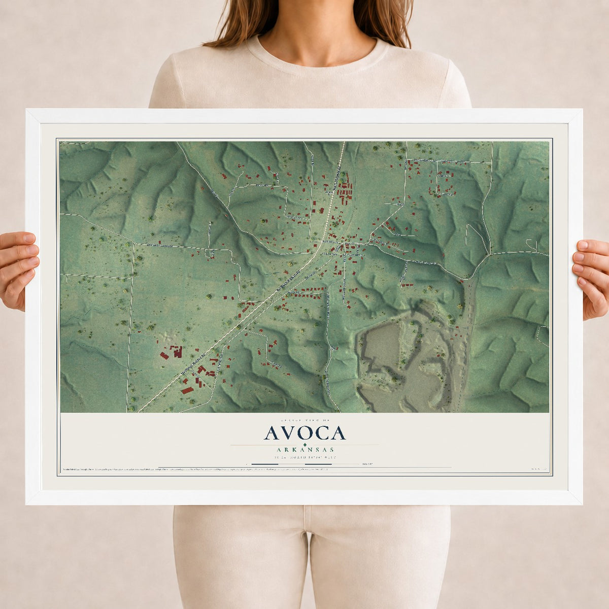 Map of Avoca, Arkansas, 18 x 24 inch print in a white wood frame