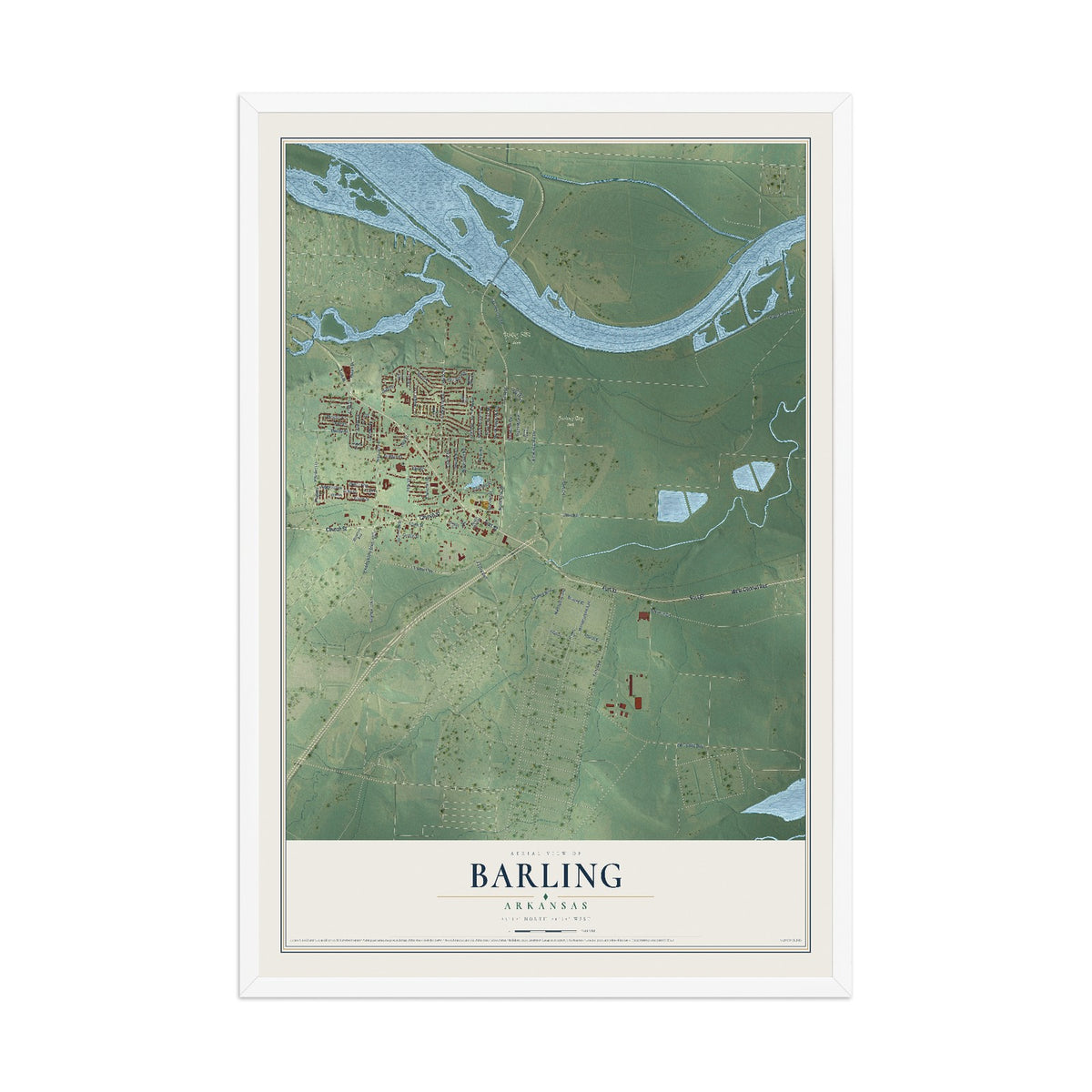 Map of Barling, Arkansas, 12 x 18 inch print in a white wood frame