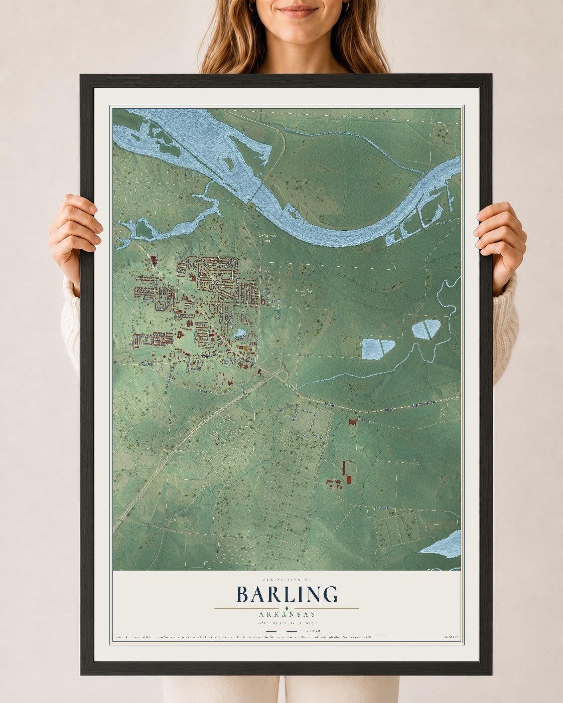 Map of Barling, Arkansas, 24 x 36 inch print in a black wood frame
