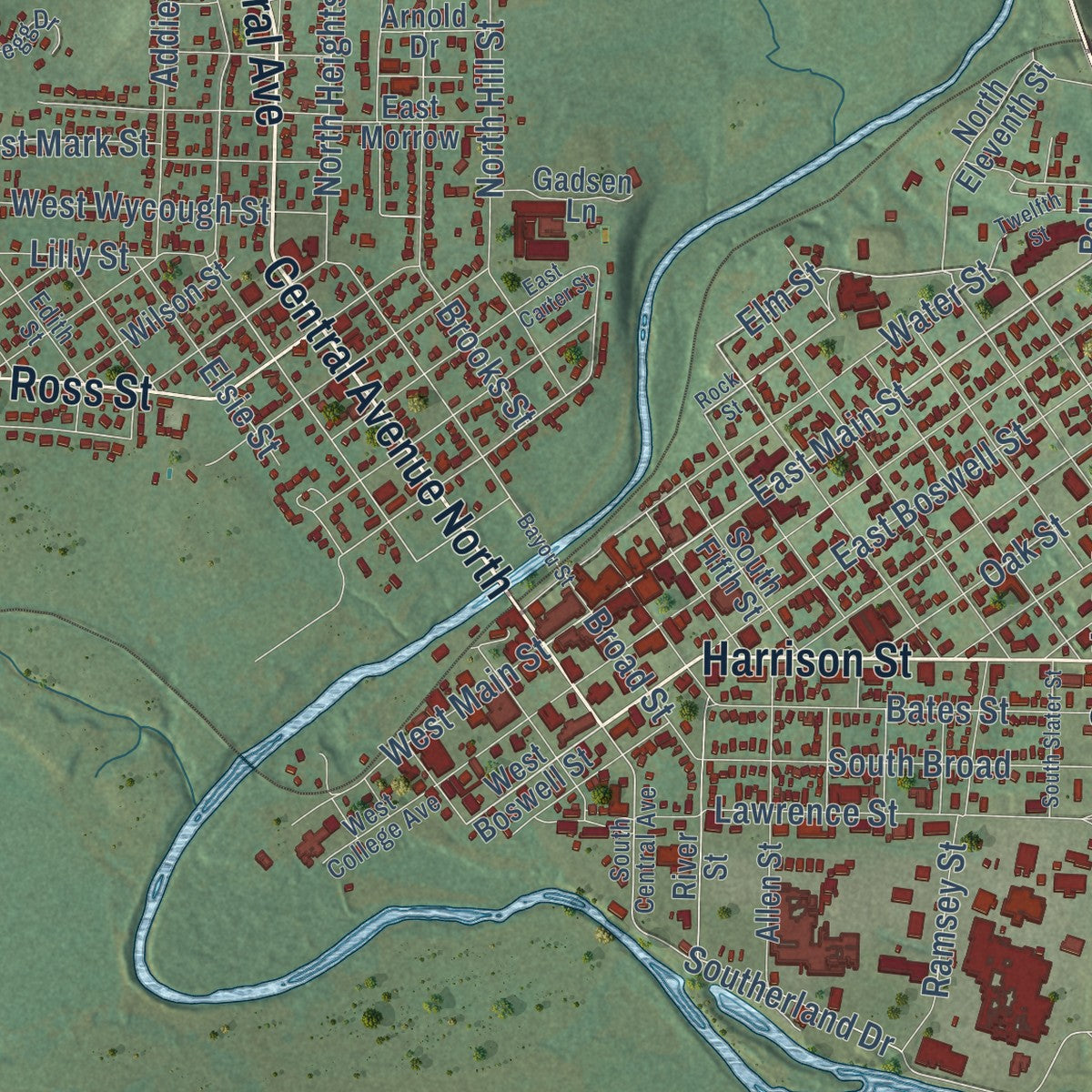 Second close-up of the map of Batesville, Arkansas print showing more streets and buildings