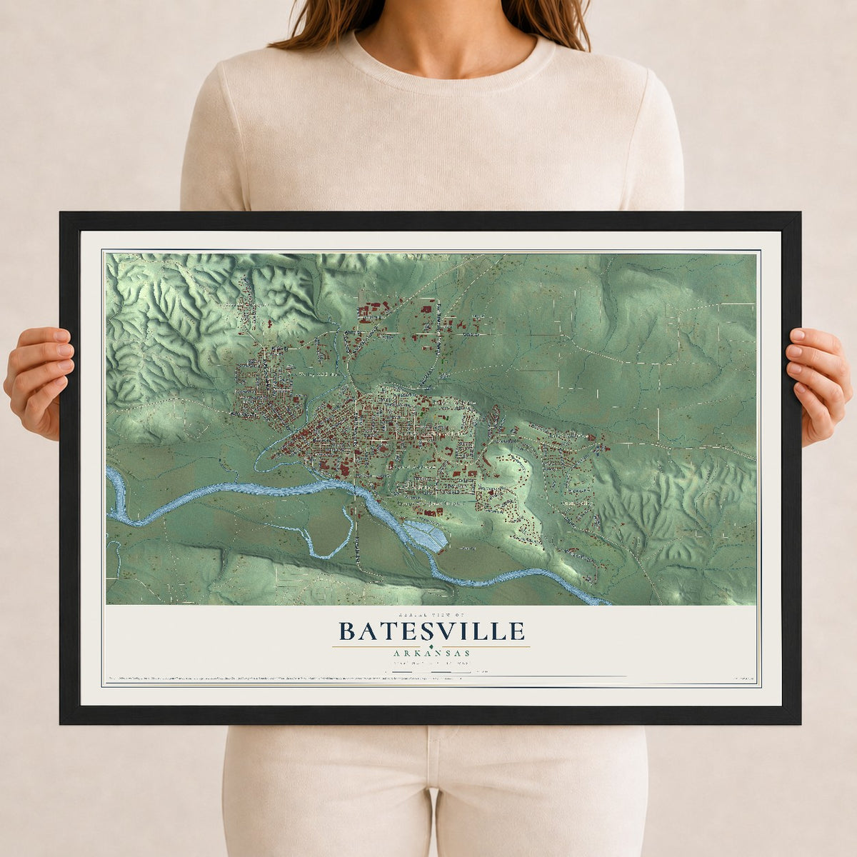 Map of Batesville, Arkansas, 12 x 18 inch print in a black wood frame