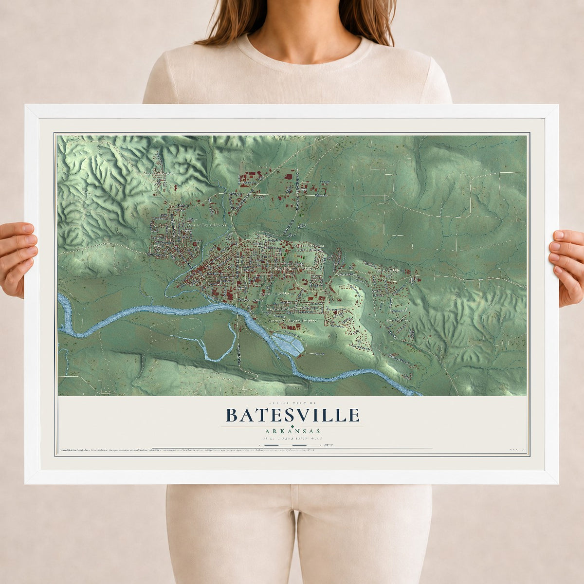 Map of Batesville, Arkansas, 18 x 24 inch print in a white wood frame