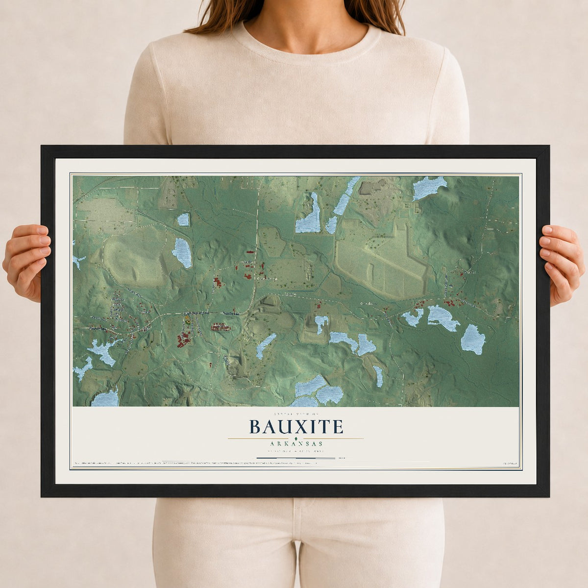 Map of Bauxite, Arkansas, 12 x 18 inch print in a black wood frame