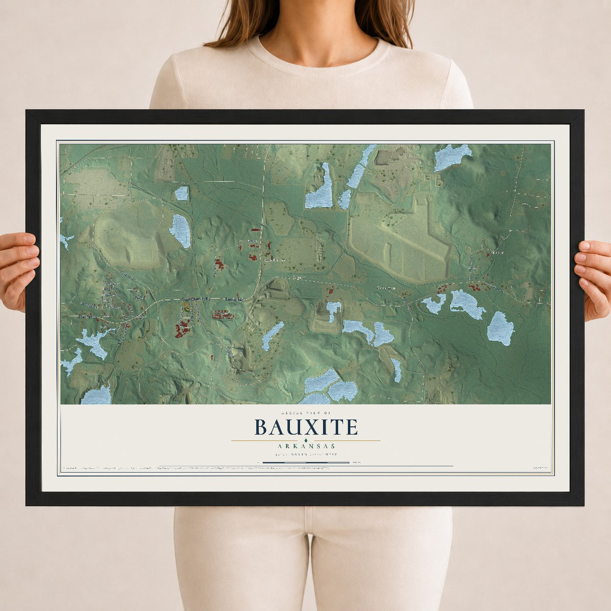 Map of Bauxite, Arkansas, 18 x 24 inch print in a black wood frame