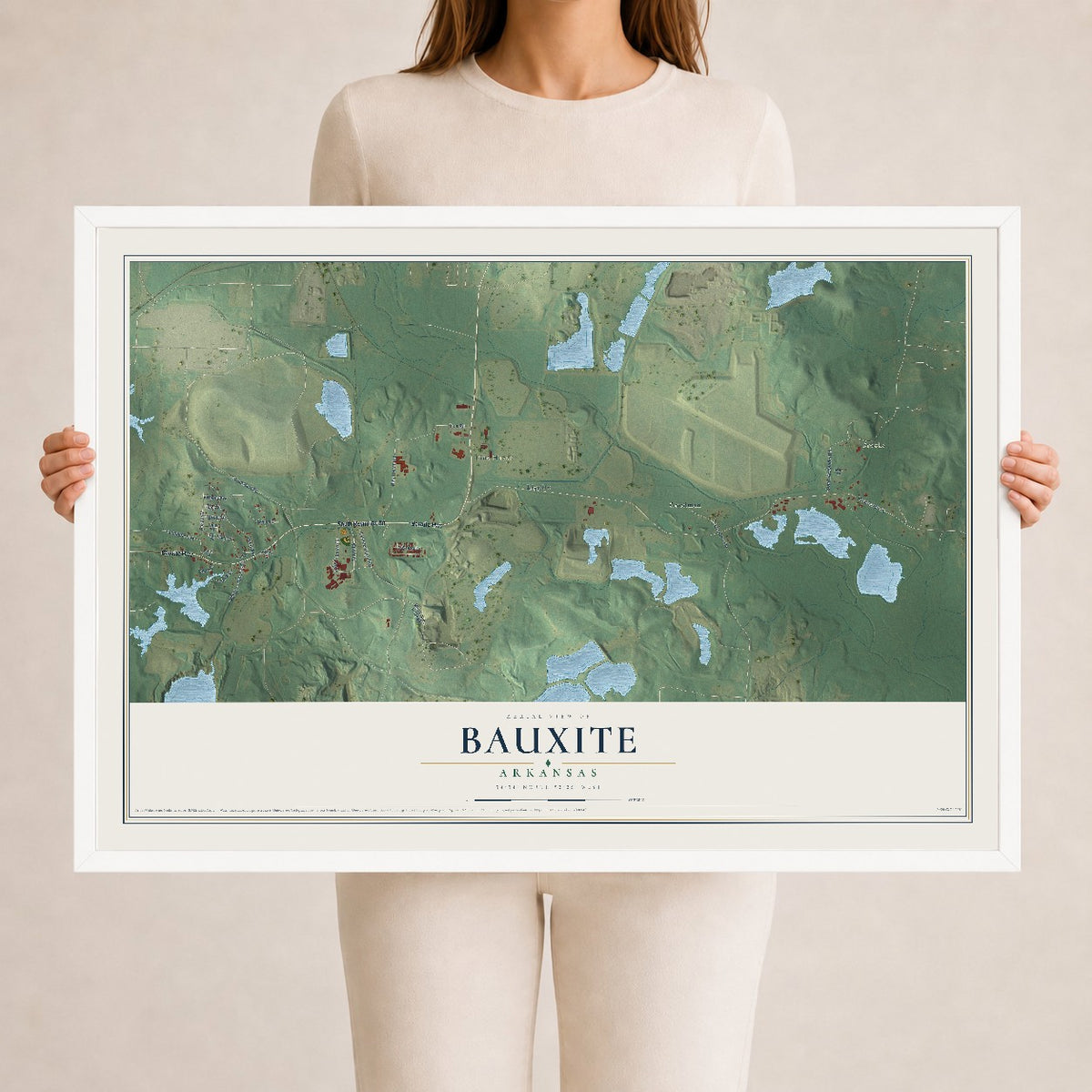 Map of Bauxite, Arkansas, 24 x 36 inch print in a white wood frame